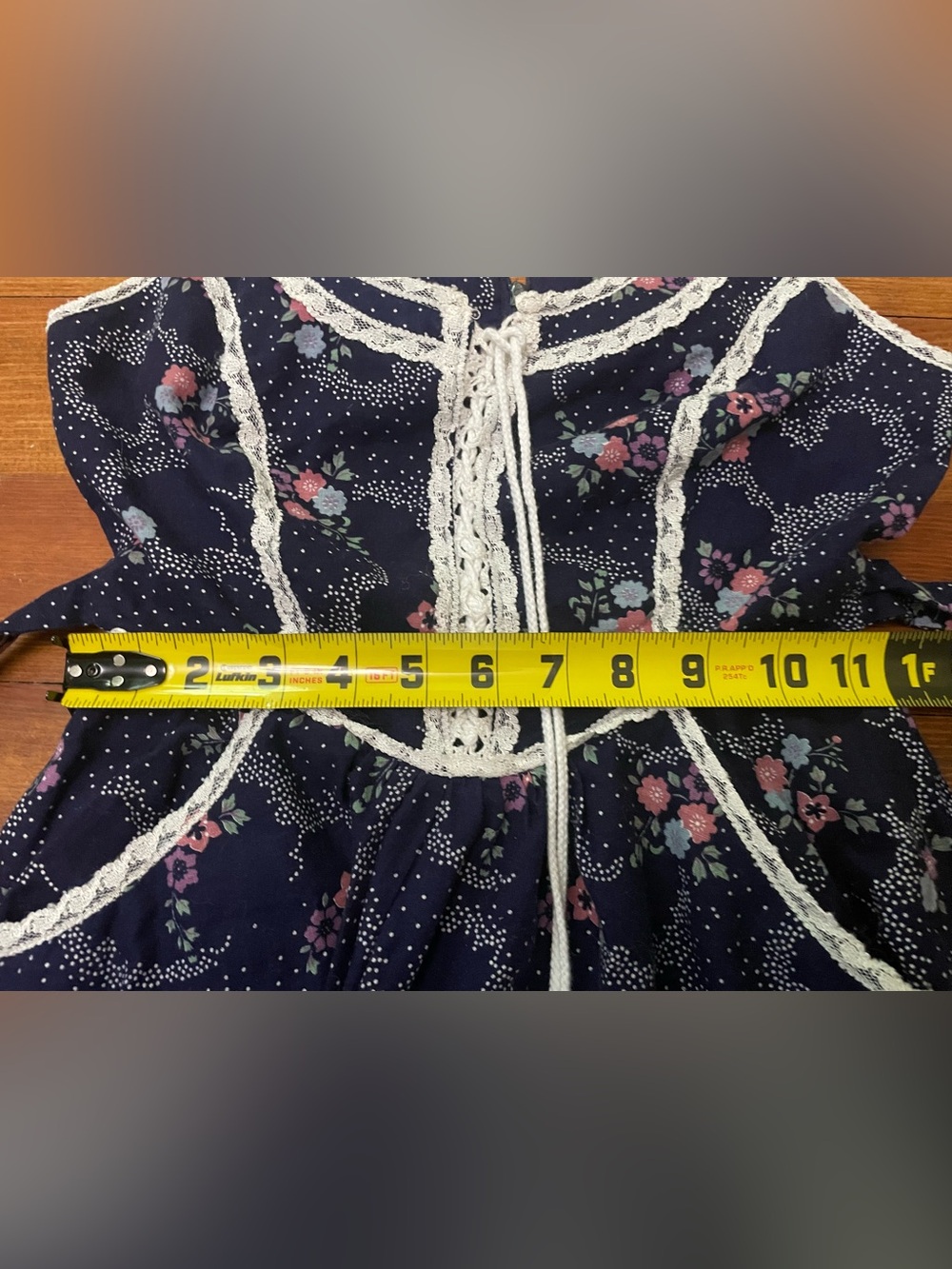 Vintage Gunne Sax Navy & Pink Calico Floral Dress w Lace Trim Size 7 - Picture 9 of 16